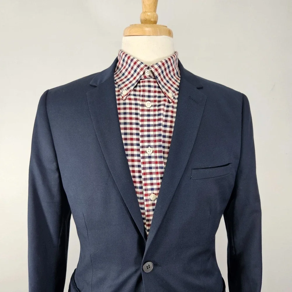 H&M Men's Two Button Sport Coat Blazer Navy Polyester‎ Blend Slim Fit 40R